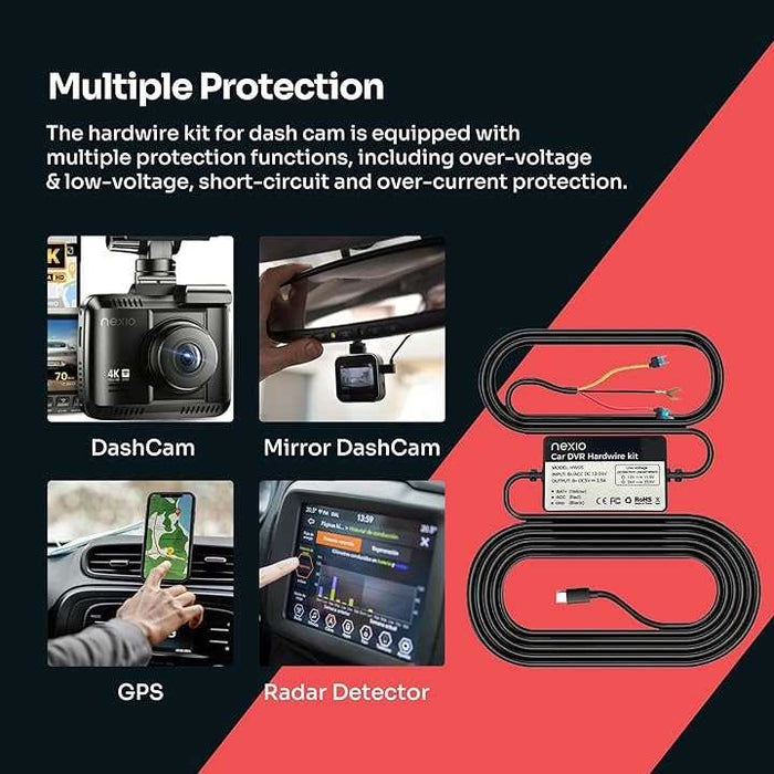 Nexio HW05 Type-C Hardwire Kit for Dash Cams - 12V/24V Continuous & Parking Mode Power