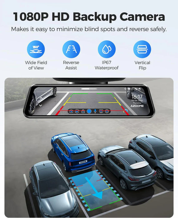 AZDOME PG17 Max 12" Mirror Dash Cam GPS WiFi6 4K+2.5k Front & Rear 64GBCARD FREE