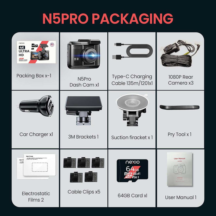 Nexio 4K Front and Rear Dash cam Sony Starvis lense WiFi GPS Builtin 64GB Inc ADAS built-in