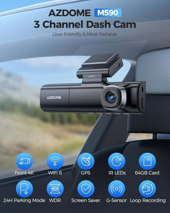 AZDOME M590 3-Channel Dash Cam WiFi GPS 4K Front + 1080P Rear + 1080P Interior