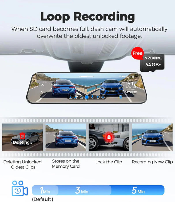 AZDOME PG17 Max 12" Mirror Dash Cam GPS WiFi6 4K+2.5k Front & Rear 64GBCARD FREE