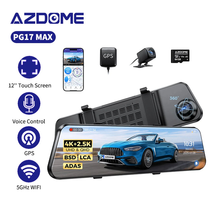 AZDOME PG17 Max 12" Mirror Dash Cam GPS WiFi6 4K+2.5k Front & Rear 64GBCARD FREE